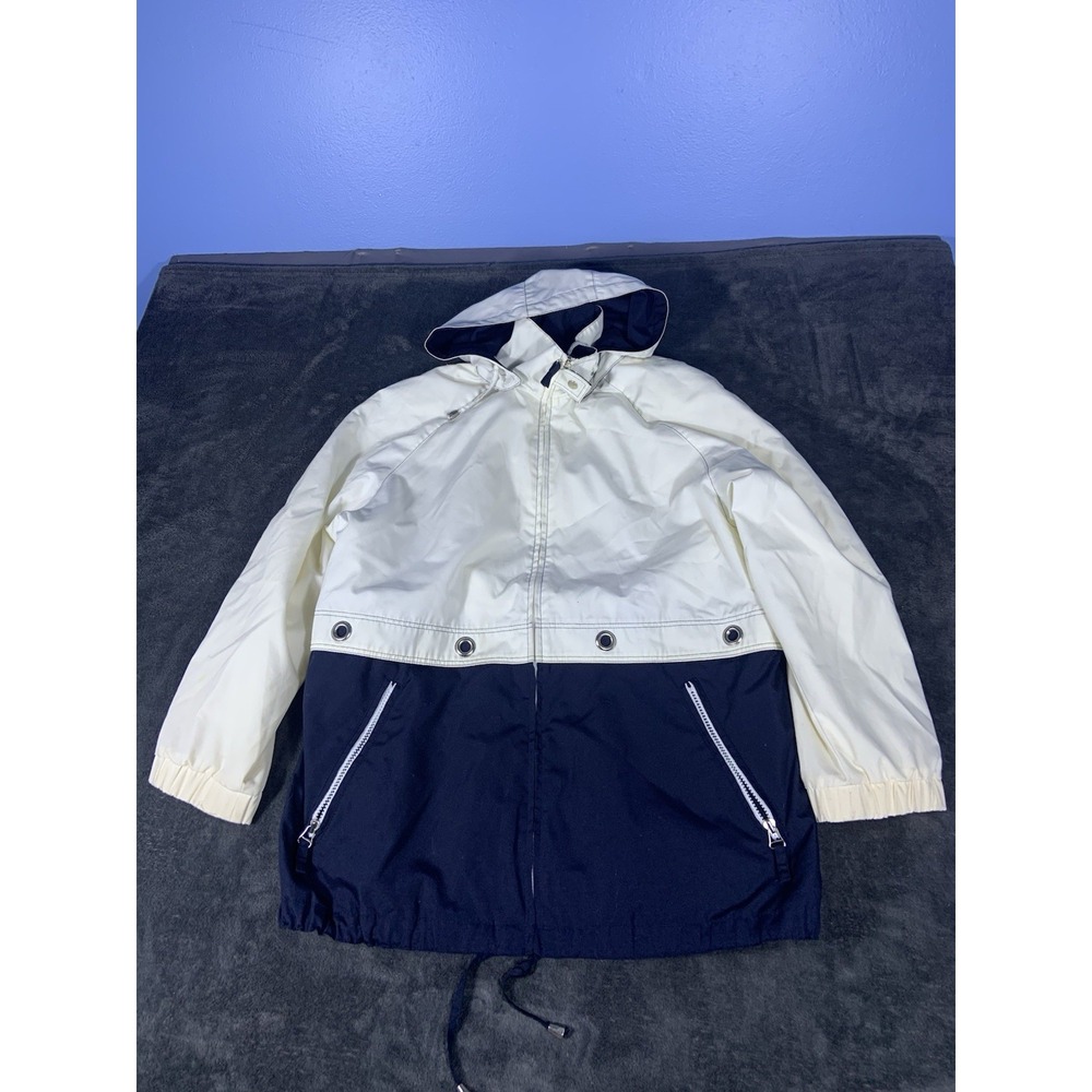 Fleet Street Women's Size M Light Weight Hooded Navy/Beige Rain Jacket Coat